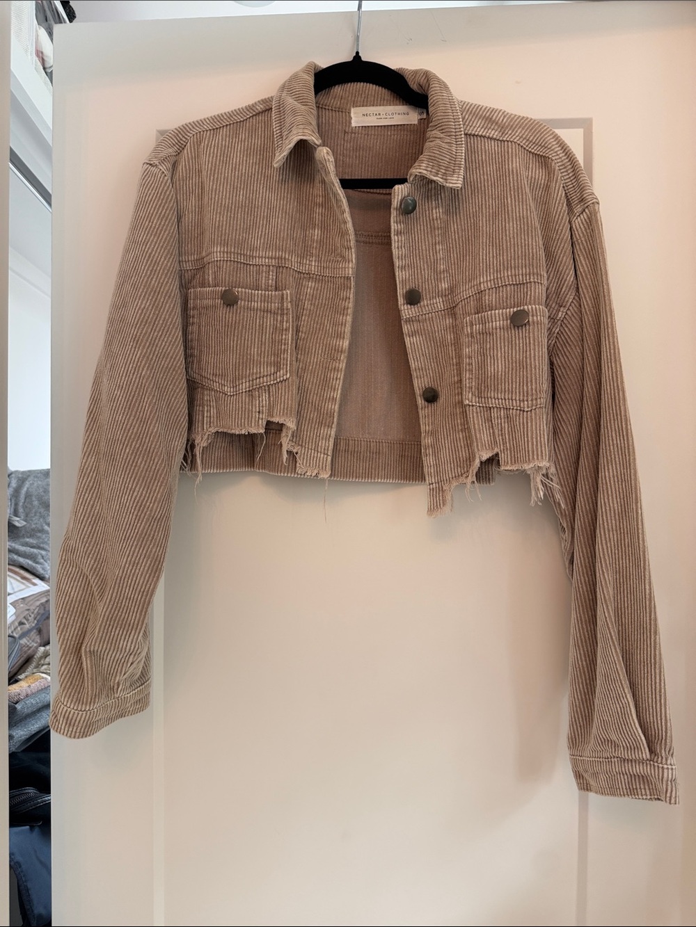 Cropped Corduroy Jacket in Taupe - Women's Raw-Hem Jean Jacket